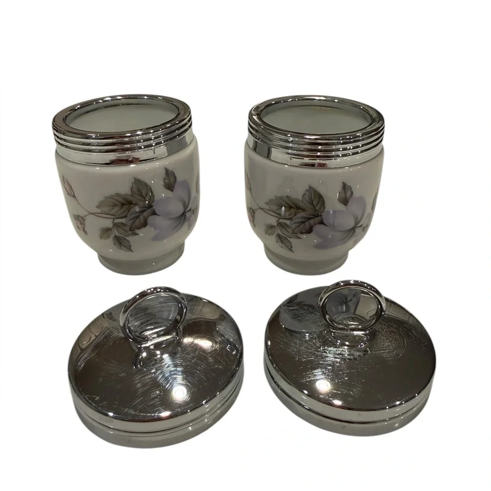 Royal Worcester Porcelain Pair of Egg Coddlers in June Garland Pattern VTG.